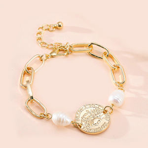 New Simple Bracelet Female Pearl Round Piece Coin Gilded Ornaments Adjustable Ring Interlocking Chain Bracelet