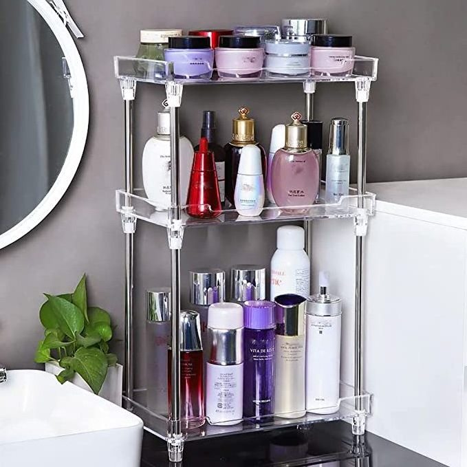 Bathroom Organizer Countertop, 3-Tier Vanity Tray Corner Shelf for Makeup Cosmetic Perfume Skincare Bathroom Supplies