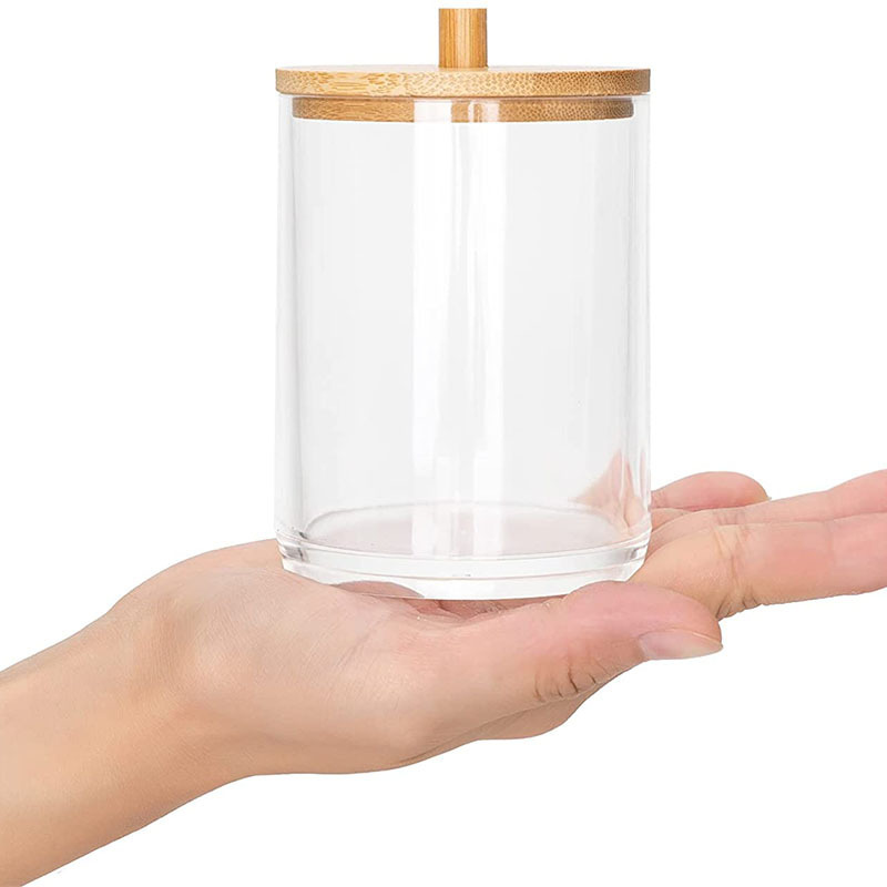 Transparent Plastic Makeup Acrylic Cotton Pad Holder Round Jar Cotton Swab Ball Pads Holder with Bamboo Lid