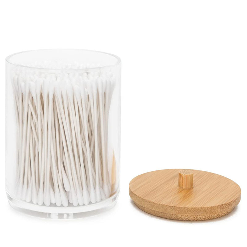 Transparent Plastic Makeup Acrylic Cotton Pad Holder Round Jar Cotton Swab Ball Pads Holder with Bamboo Lid