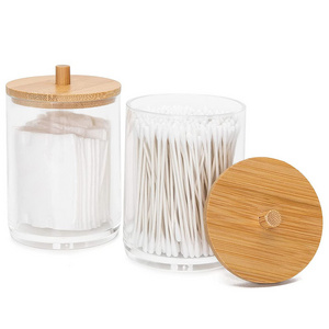 Transparent Plastic Makeup Acrylic Cotton Pad Holder Round Jar Cotton Swab Ball Pads Holder with Bamboo Lid