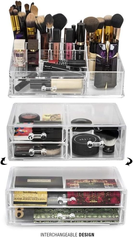 Clear Acrylic Makeup Organizers Stackable Jewelry Makeup & Cosmetic Organizers and Storage with 2 Acrylic Drawers -