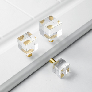 Gold Square Glass Crystal Knobs Brass Drawer Knobs Dresser Pulls Handles and Knobs for Kitchen Cabinet Furniture Hardware