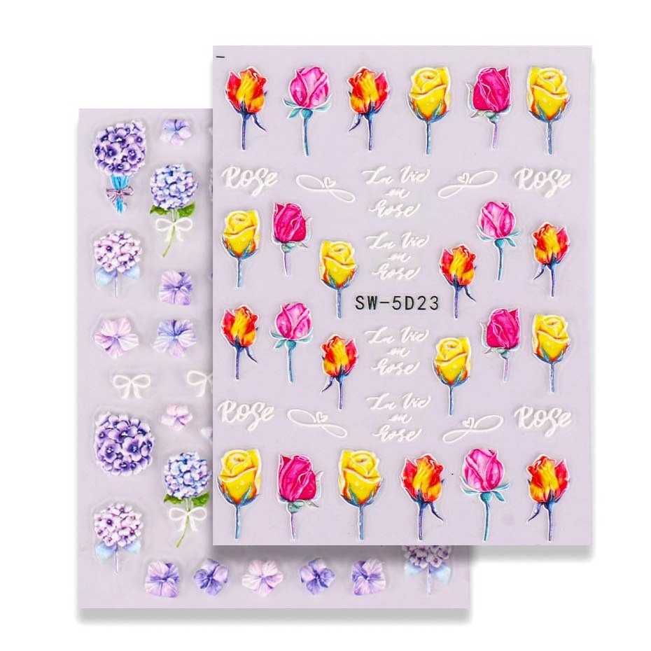 M135 MOKE Custom Summer Flowers 5D Embossed Nail Art Stickers Daisy Rose Self-adhesive Nail Decals For Nail Art Decoration