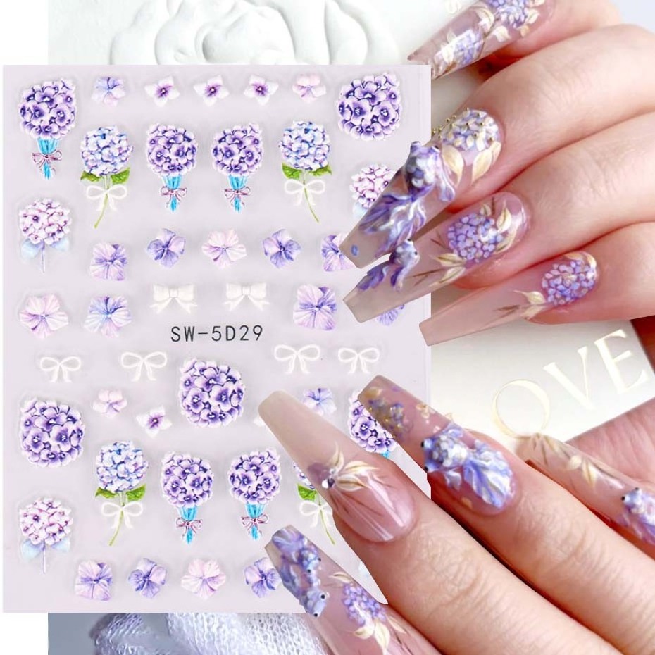 M135 MOKE Custom Summer Flowers 5D Embossed Nail Art Stickers Daisy Rose Self-adhesive Nail Decals For Nail Art Decoration