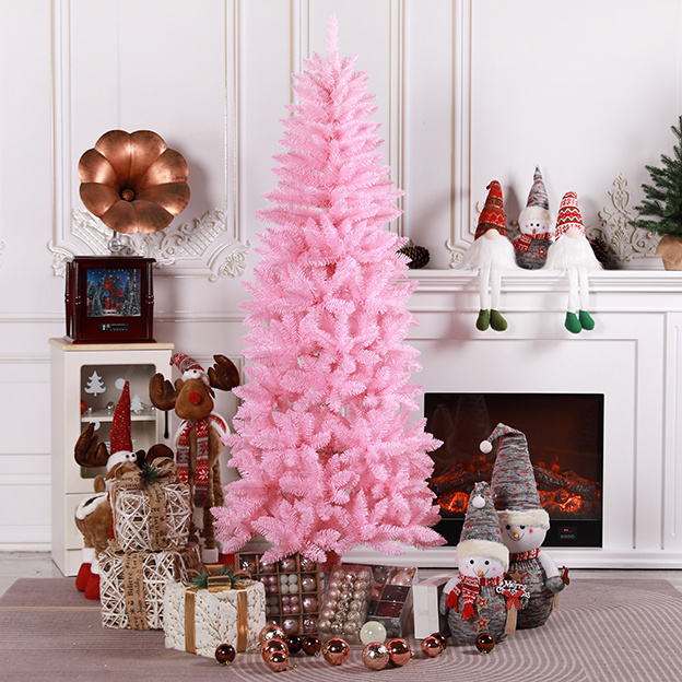 Christmas decoration outdoor black red mini pencil skinny orange pink flocking artificial Christmas tree with light