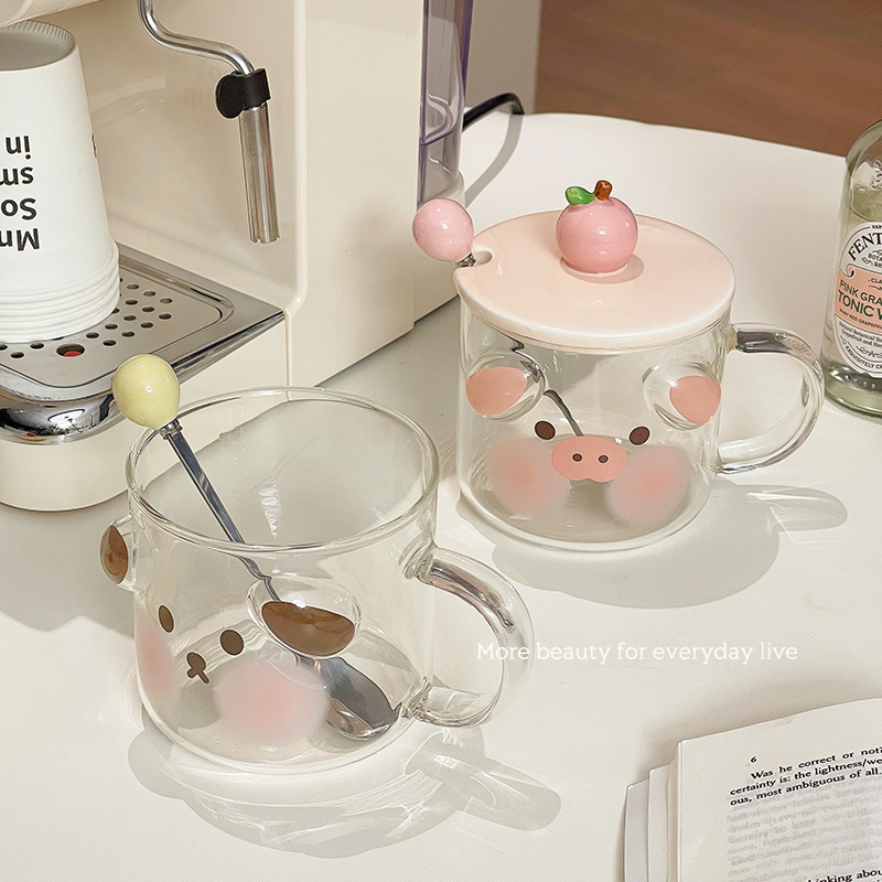 Best Selling Office Milk Coffee Animal Glass Water Cup Couple Mugs Cartoon Pig Glass Cup With Lid