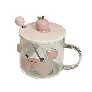 Best Selling Office Milk Coffee Animal Glass Water Cup Couple Mugs Cartoon Pig Glass Cup With Lid