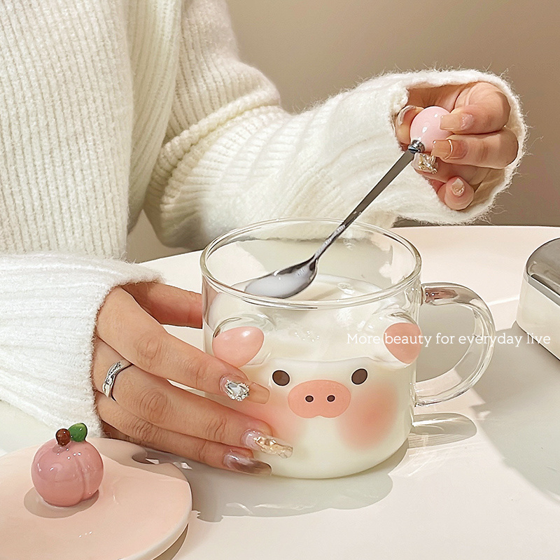 Best Selling Office Milk Coffee Animal Glass Water Cup Couple Mugs Cartoon Pig Glass Cup With Lid