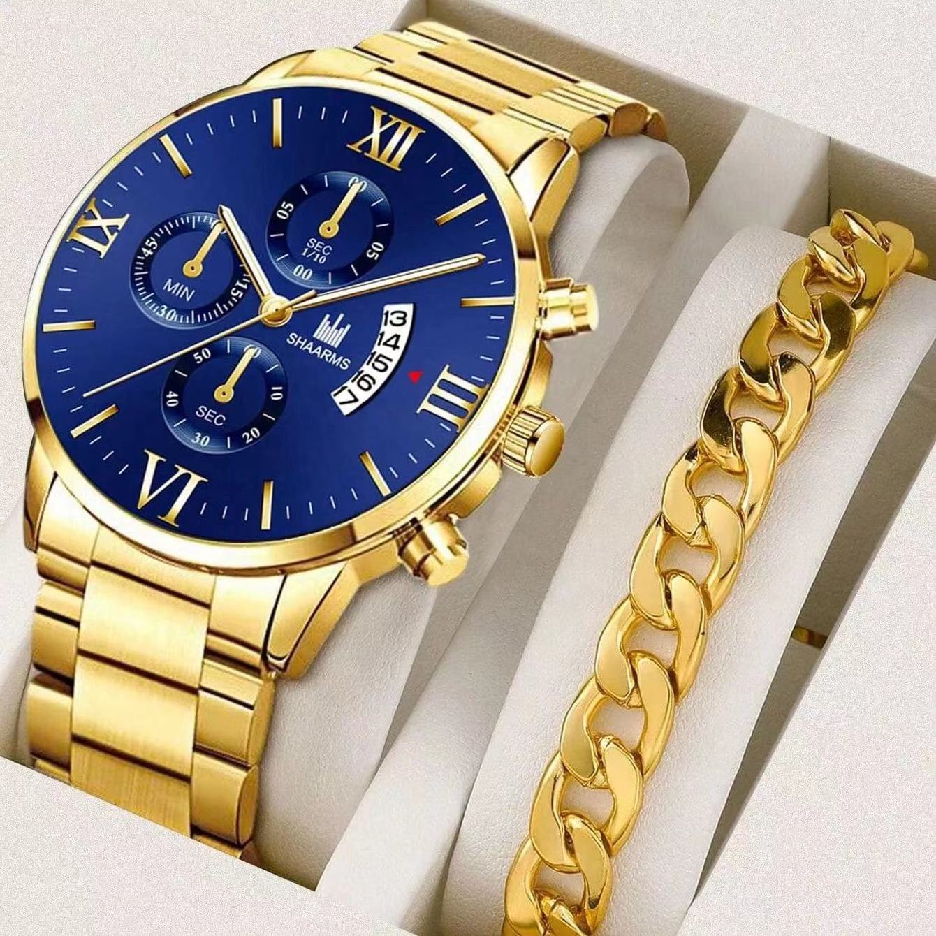 Rome Face Quartz Watch For Men Date Gold 2pcs Stainless Steel Luxury Watches  & Bracelet