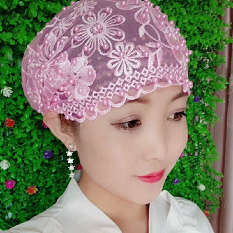 2022 New design Muslim women stretch nylon lace hat brocade bonnets caps for hair bonnet hats