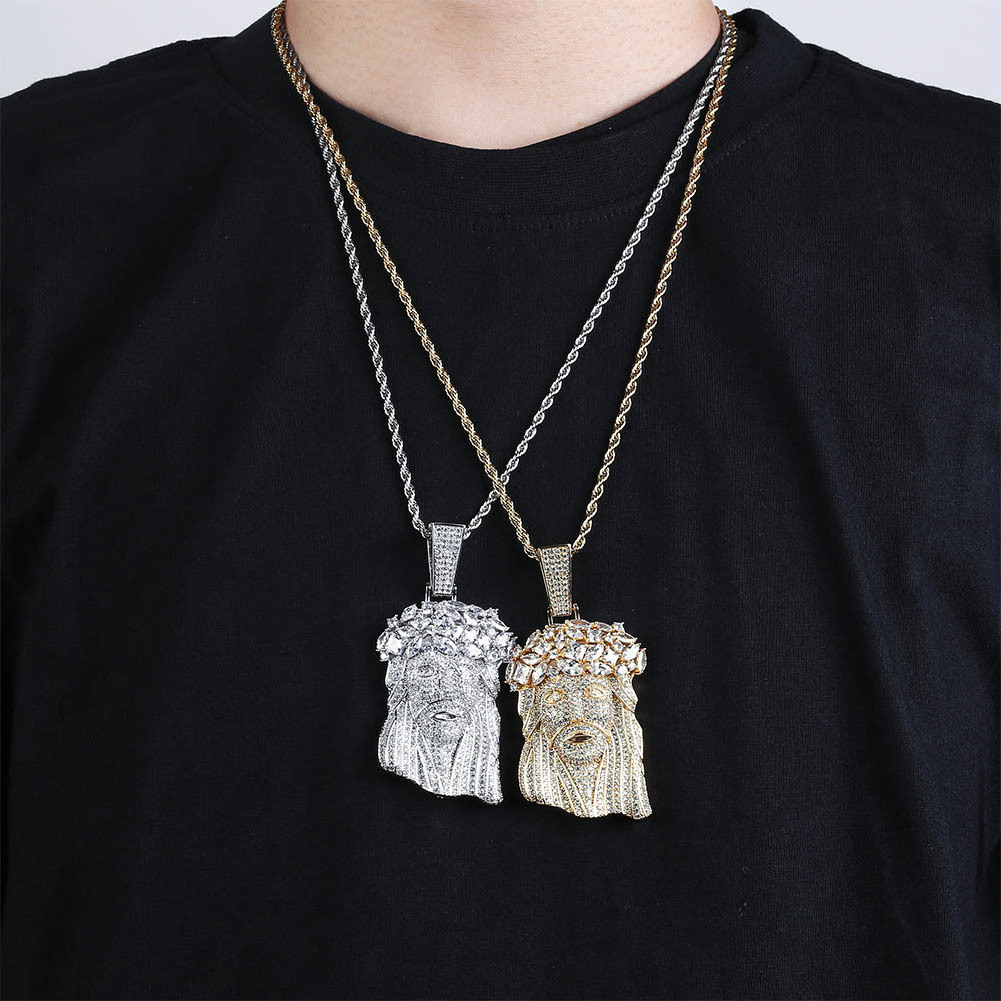 1PC Big Jesus Necklace & Pendant With Rope Chain Golden Color Plated Iced Out Cubic Zirconia Men's Hip Hop Jewelry Gift