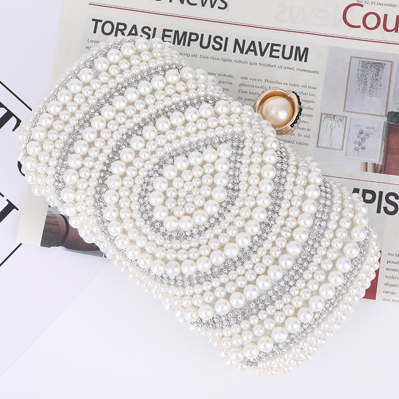 Women Woven Pearl Evening Clutch Bag Beaded Box Pearl Wedding Party Purse FE541