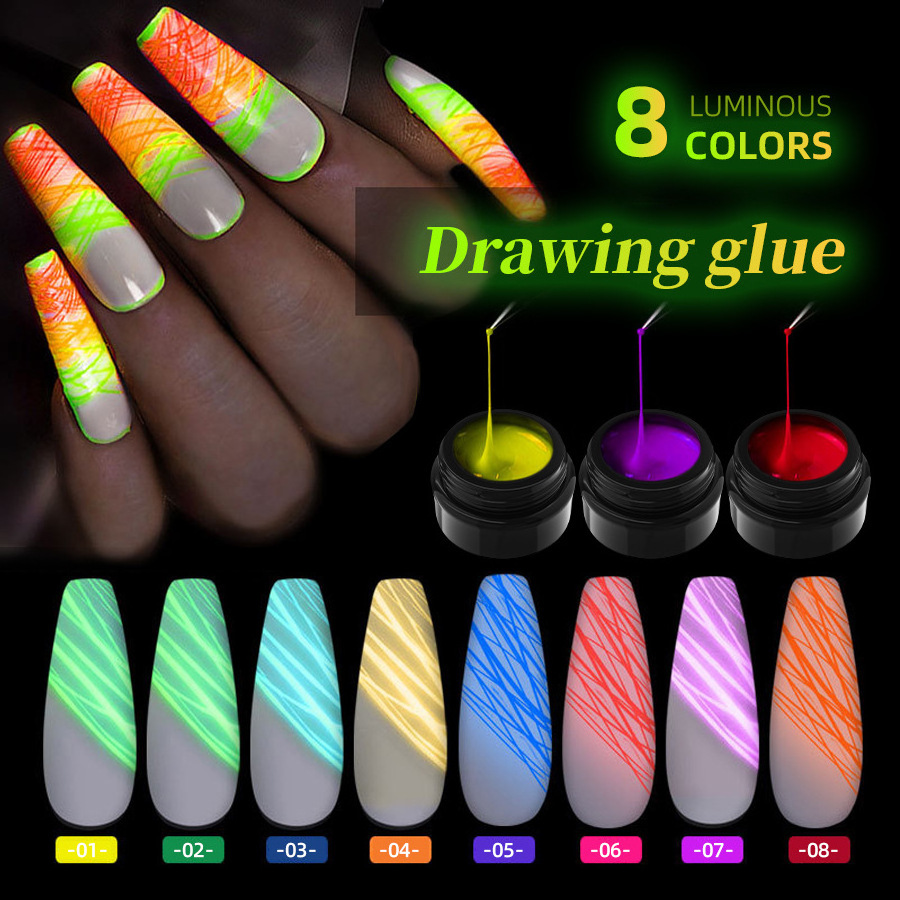 Glow In Dark Painting Gel Nail Polish 8 Colors Liner Art Gel Soak Off LED UV Varnish 8ml Luminous Neon Fluorescent Nail Art Gel