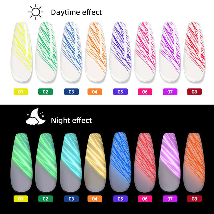 Glow In Dark Painting Gel Nail Polish 8 Colors Liner Art Gel Soak Off LED UV Varnish 8ml Luminous Neon Fluorescent Nail Art Gel