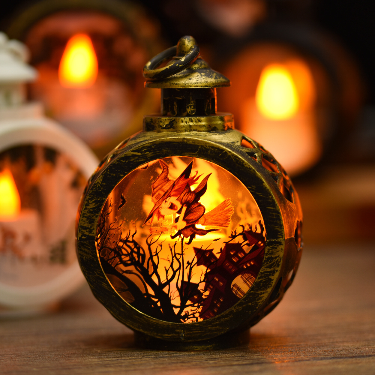 Holiday decoration antique soft light LED candle Halloween jack-o '-lantern Spoof pattern round shape hanging ring led lantern