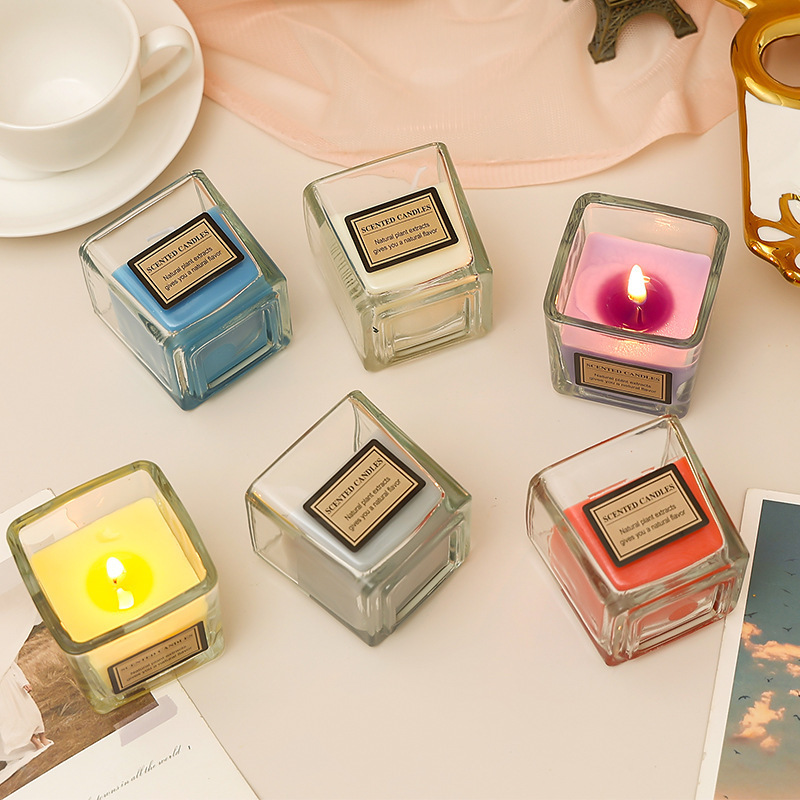 Custom Square Glass Jar Soy Wax Candle Smokeless Romantic Fragrance Home Decor Scented Candle