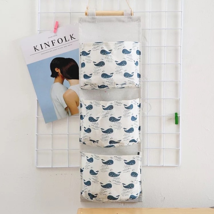 Wholesale home wall door storage bag closet socks 3 pockets closet cotton linen bed hanging organizer