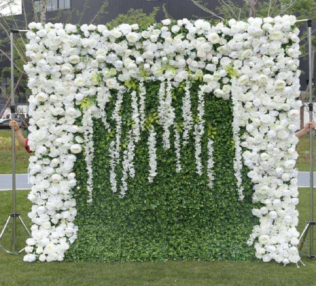 BD015 Wedding Decor Flower Panel Roll Up Cloth Back White Rose Artificial Flower Row Wall Backdrop Decor