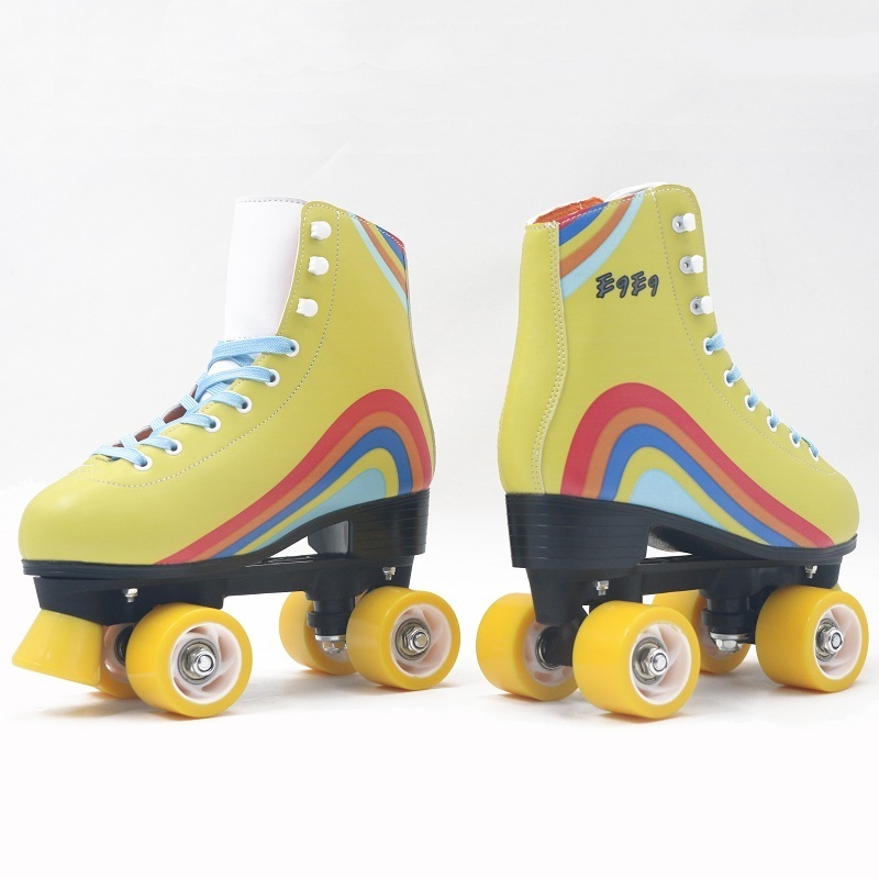 Luxury Leather Quad Roller Skates Brake Head Wholesale Durable Rainbow Design Rental Two-Row PU Wheels Roller Skate Shoes