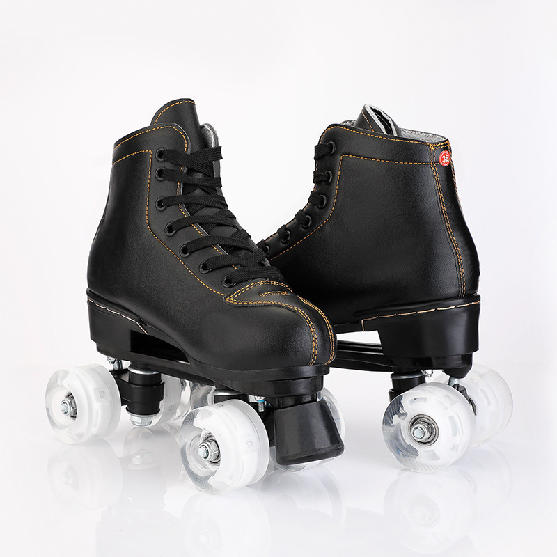 High Quality Rental Quad Roller Skate Shoes OEM&ODM patines 4 ruedas Fashion Black Leather Toe Stop Roller Skate