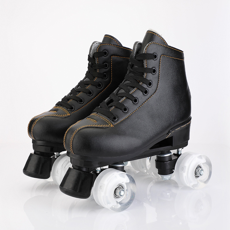 High Quality Rental Quad Roller Skate Shoes OEM&ODM patines 4 ruedas Fashion Black Leather Toe Stop Roller Skate