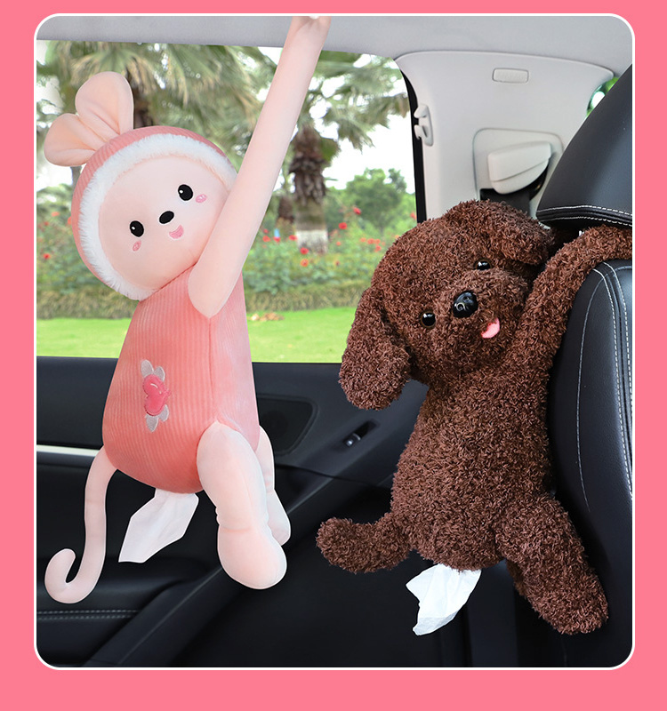 Cute Cartoon Car Teddy Dog Tissue Box Creative Lovely Rabbit Short Plush Tissue Box Holder for Car Armrest Seat Tissue Box