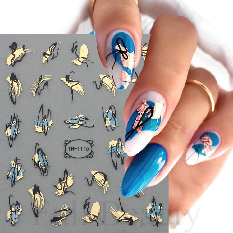 TSZS Factory Hot Sales Marble Blue Nail Art Sliders Abstract Flowers Nail Decals Golden Wave Line Nail Sticker