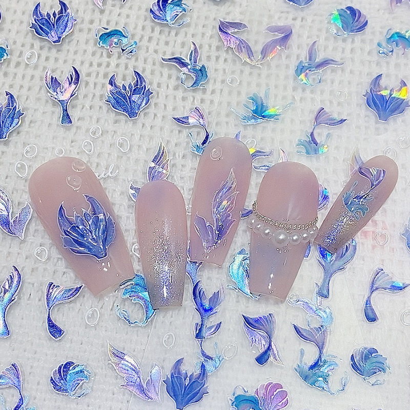 TSZS New Laser Dream Mermaid Nail Stickers for Art Decoration Self Adhesive Summer Jellyfish Sea Ocean Whale Nail Decals