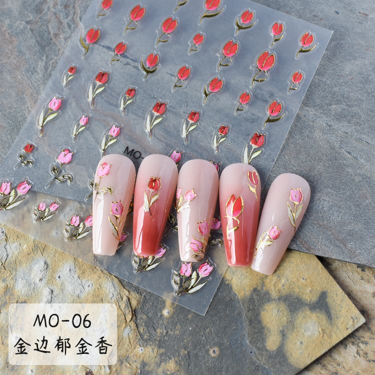 TSZS Wholesale Tulip Red Pink Color Nail Art Stickers with Golden Edges Embossed Flowers Blossom Nail Stickers For Manicure Wrap