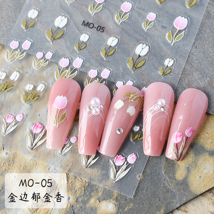 TSZS Wholesale Tulip Red Pink Color Nail Art Stickers with Golden Edges Embossed Flowers Blossom Nail Stickers For Manicure Wrap