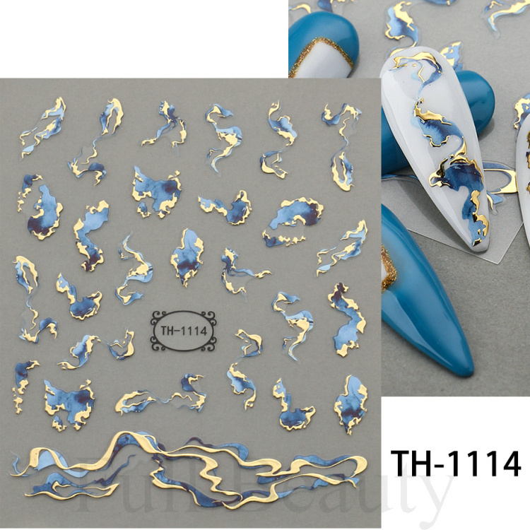 TSZS Factory Hot Sales Marble Blue Nail Art Sliders Abstract Flowers Nail Decals Golden Wave Line Nail Sticker