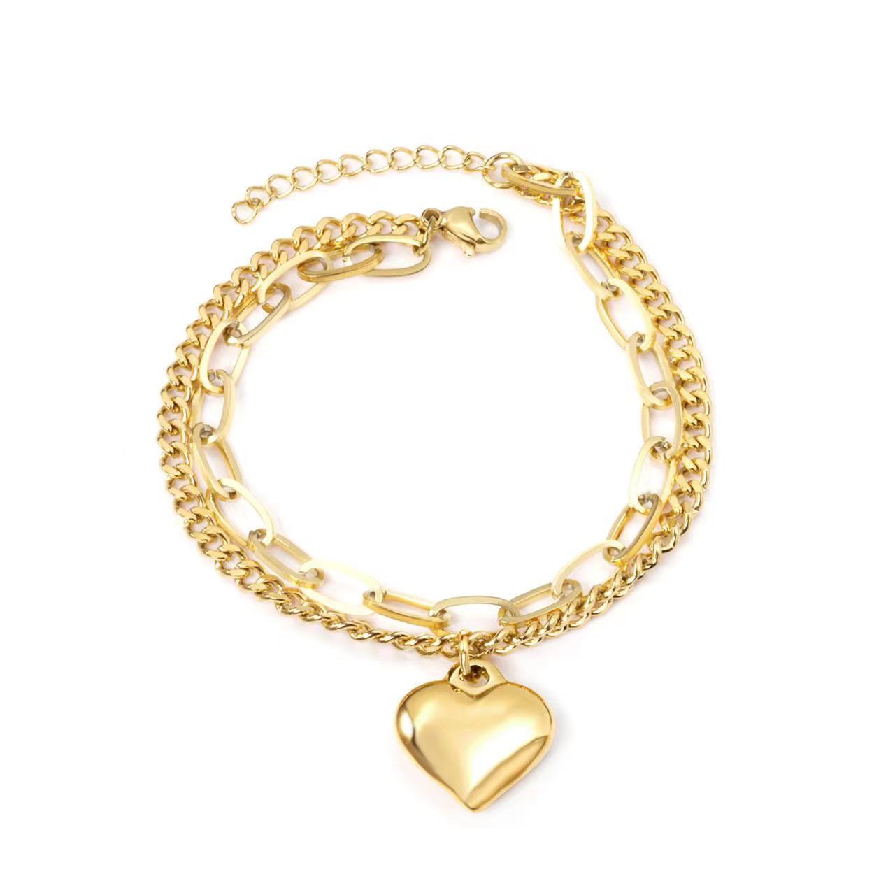 Wholesale Custom Gold and Silver Stainless Steel Girl Shape Charm Lock Handcuffs Smile Gold Heart Pendant Bracelet