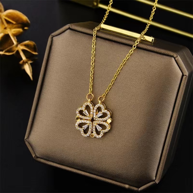 Wholesale Jewelry Fashion Folding Heart Crystal Magnet Necklace Personality Gold Plated Stainless Steel Necklace For Women