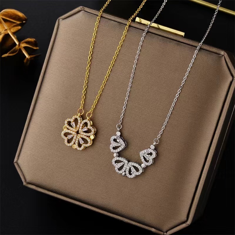 Wholesale Jewelry Fashion Folding Heart Crystal Magnet Necklace Personality Gold Plated Stainless Steel Necklace For Women