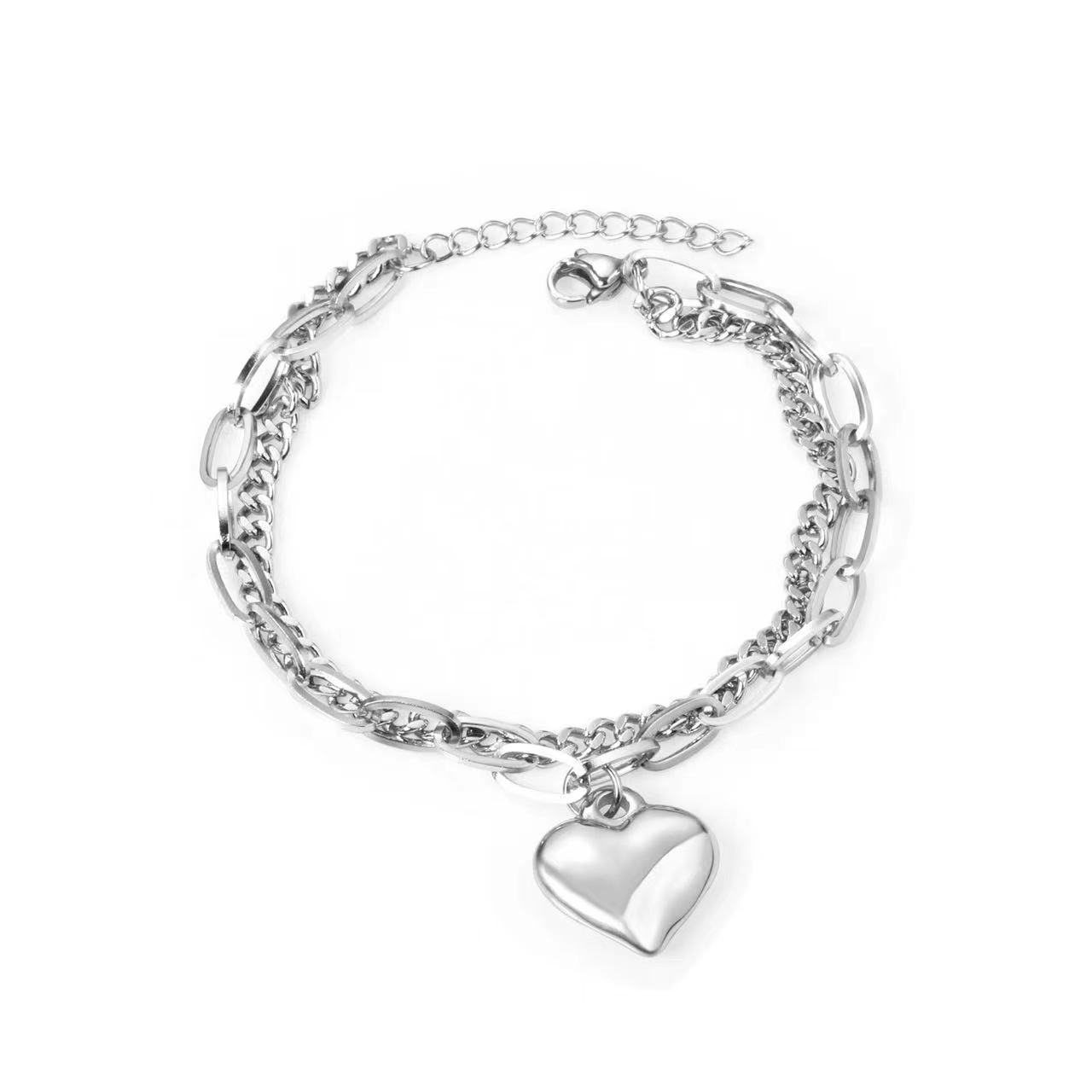 Wholesale Custom Gold and Silver Stainless Steel Girl Shape Charm Lock Handcuffs Smile Gold Heart Pendant Bracelet