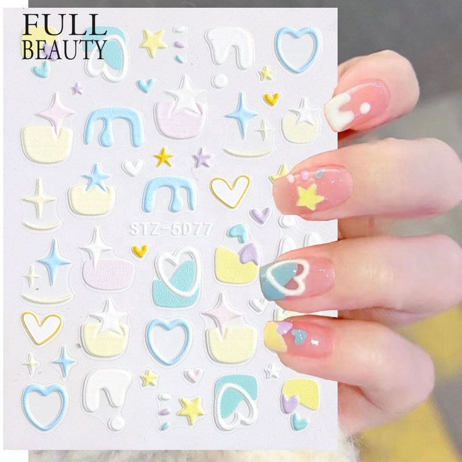 5D Makaron Color Nail Stickers Cartoon Milk Star Cloud Relief Nails Adhesive Stickers Slider Nail Decor Decal