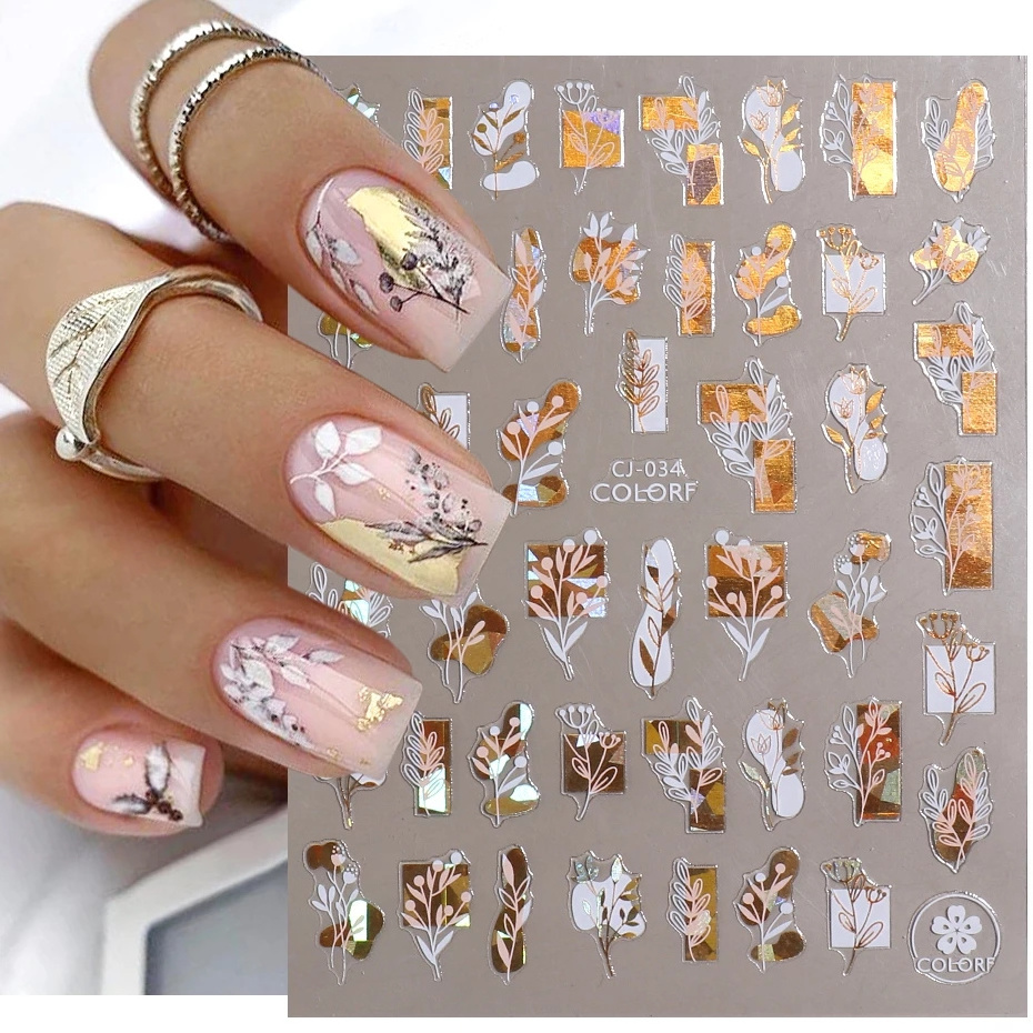 Iridescent Leaves Sliders for Nails 3D Metal Flowers Adhesive Nail Stickers Slider Animal  Plant Nail Art Decoration Decals