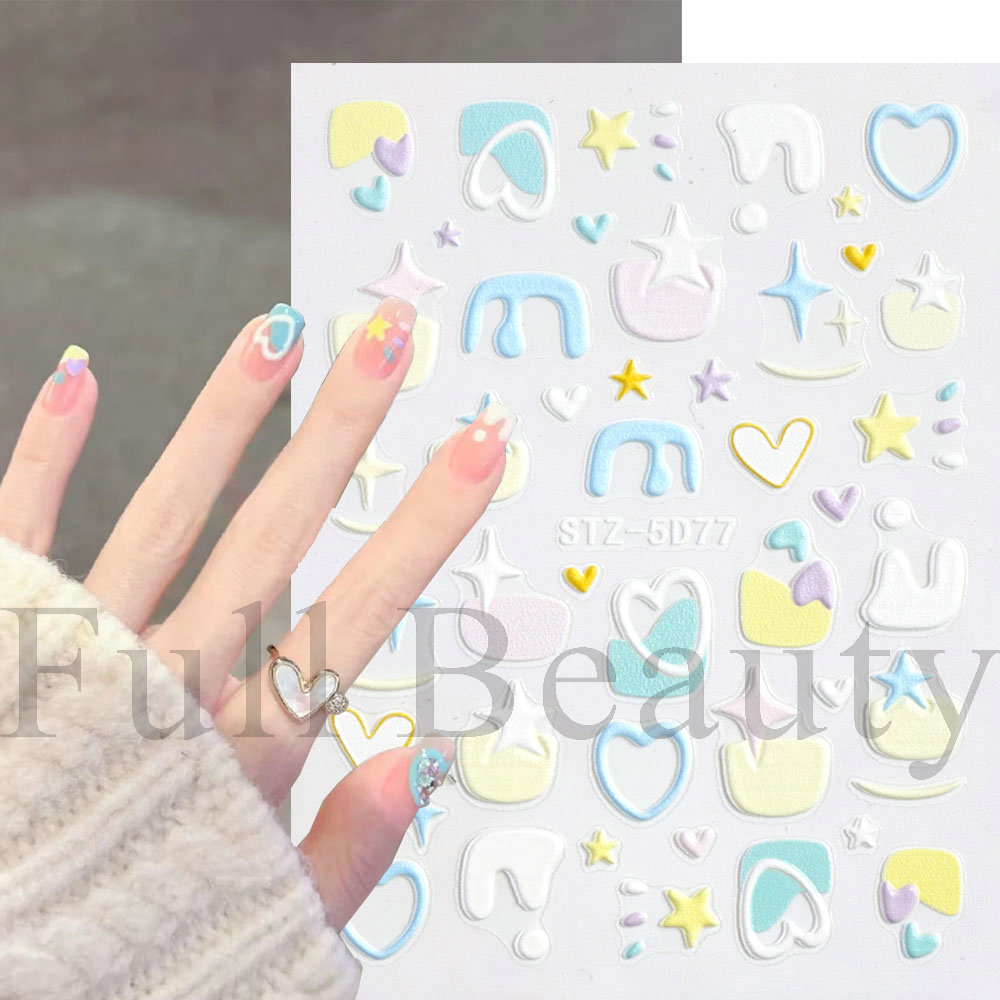 5D Makaron Color Nail Stickers Cartoon Milk Star Cloud Relief Nails Adhesive Stickers Slider Nail Decor Decal