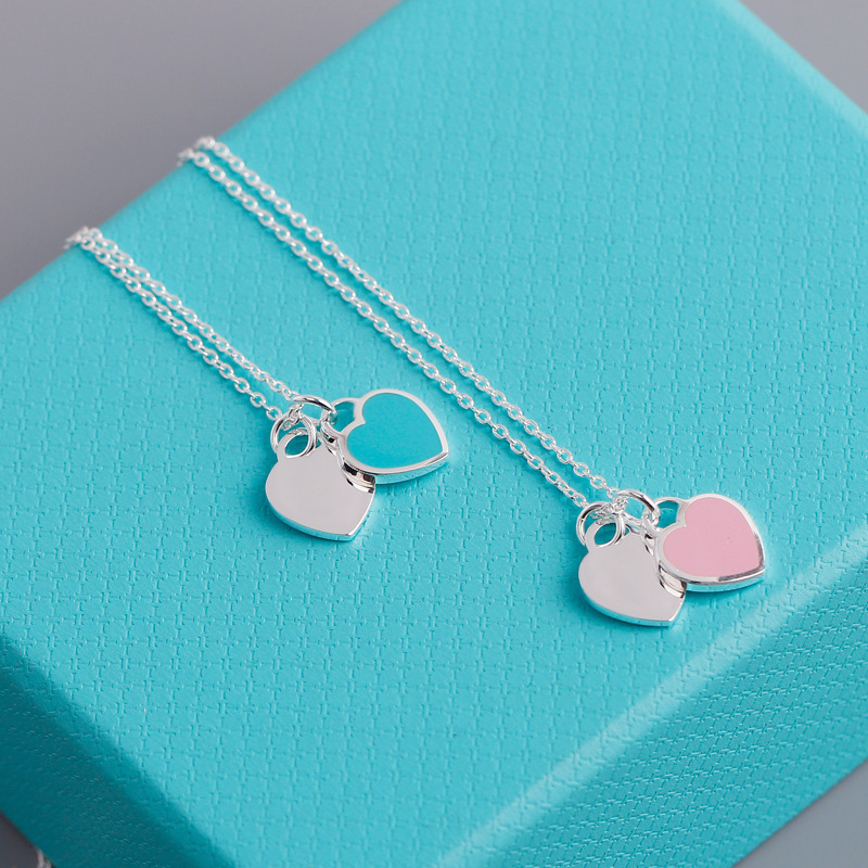 New Fashion Design 925 Sterling Silver Enamel Double Heart Necklace for Women Girl