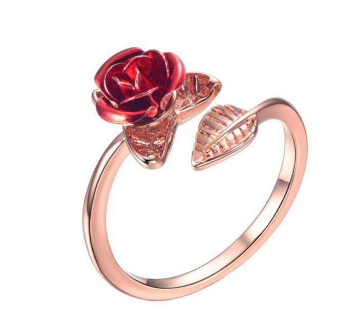 Adjustable Red Rose Flower Leaves Opening Ring Rhinestone Flowers Adjustable Finger Ring Valentine's Day  For Women