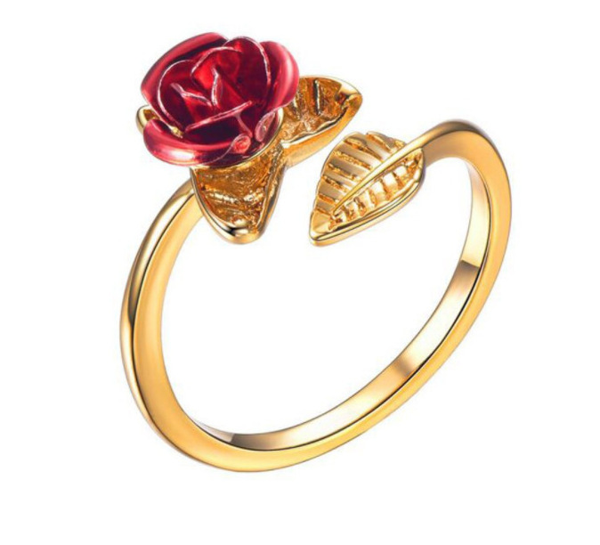 Adjustable Red Rose Flower Leaves Opening Ring Rhinestone Flowers Adjustable Finger Ring Valentine's Day  For Women