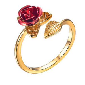 Adjustable Red Rose Flower Leaves Opening Ring Rhinestone Flowers Adjustable Finger Ring Valentine's Day  For Women