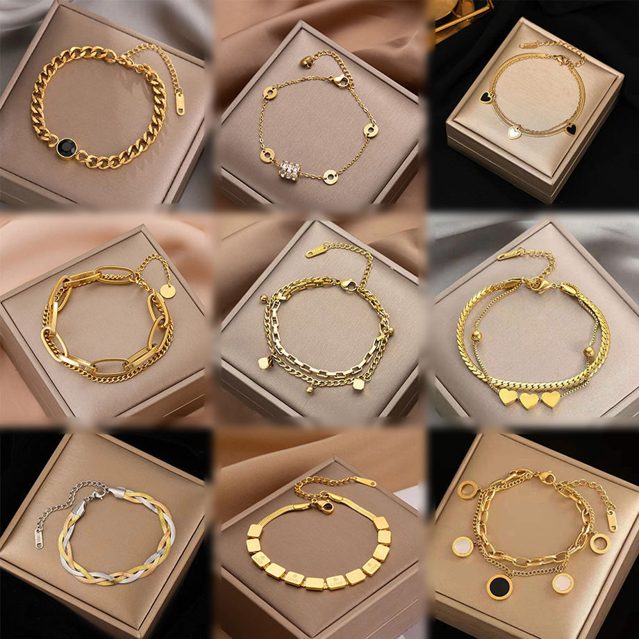 Punk Stainless Steel Double Layered Bracelet Gold Plated Thick Flat Cuban Chain Bracelet for Women Men