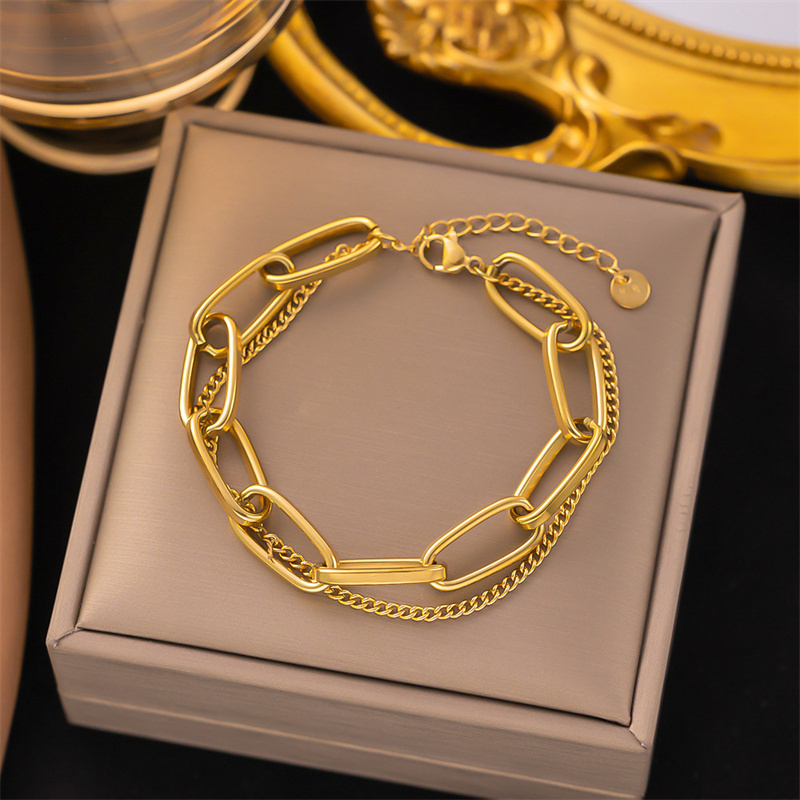 Punk Stainless Steel Double Layered Bracelet Gold Plated Thick Flat Cuban Chain Bracelet for Women Men