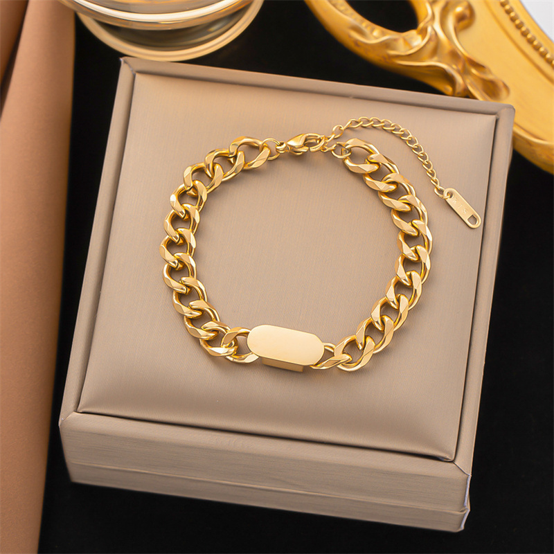 Punk Stainless Steel Double Layered Bracelet Gold Plated Thick Flat Cuban Chain Bracelet for Women Men