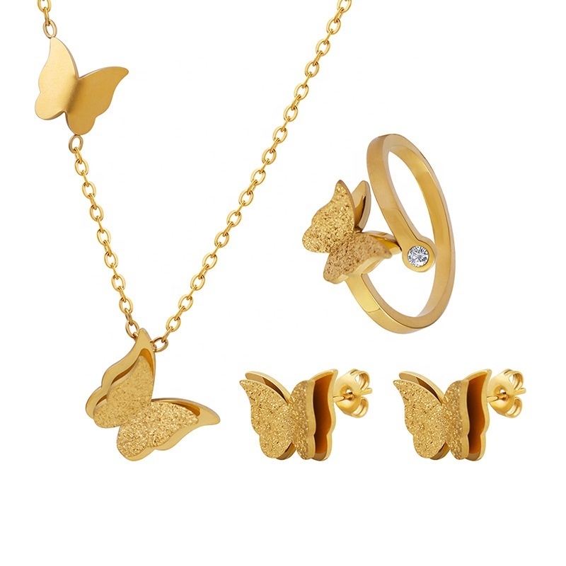 18K Gold Plated Stainless Steel Butterfly Necklace Earrings Rings Charm Pendant Women Butterfly Jewelry Set