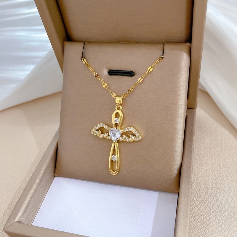 Luxury Vintage 18K Gold Stainless Steel Chain Zircon Cross Pendant Necklace Women Shiny Cz Choker Necklace Jewelry For Gift