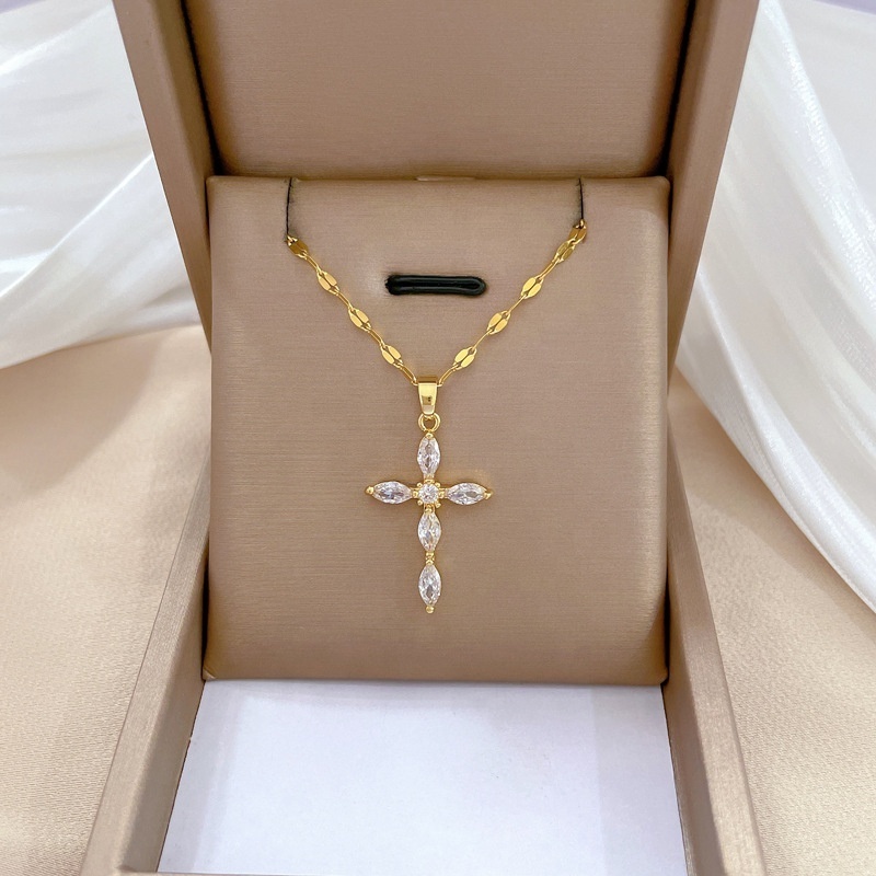 Luxury Vintage 18K Gold Stainless Steel Chain Zircon Cross Pendant Necklace Women Shiny Cz Choker Necklace Jewelry For Gift