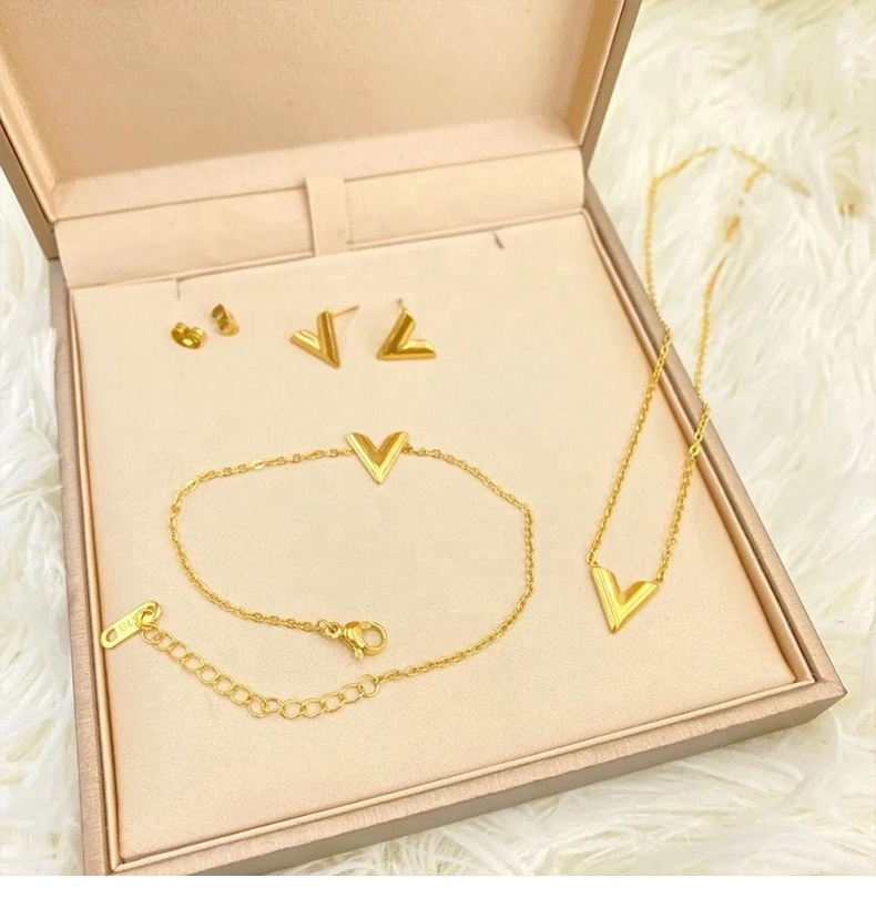 18k Gold Plated Stainless Steel Classic V-Shape Pendant Necklace Earrings and Bracelet Jewelry Set